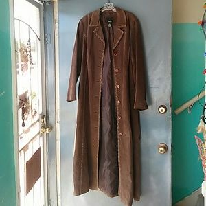 Long brown leather coat